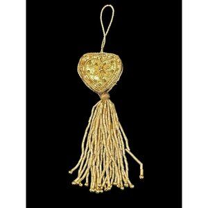 Vintage 6” Victorian Beaded Gold Heart & Tassel Valentine Christmas Ornament